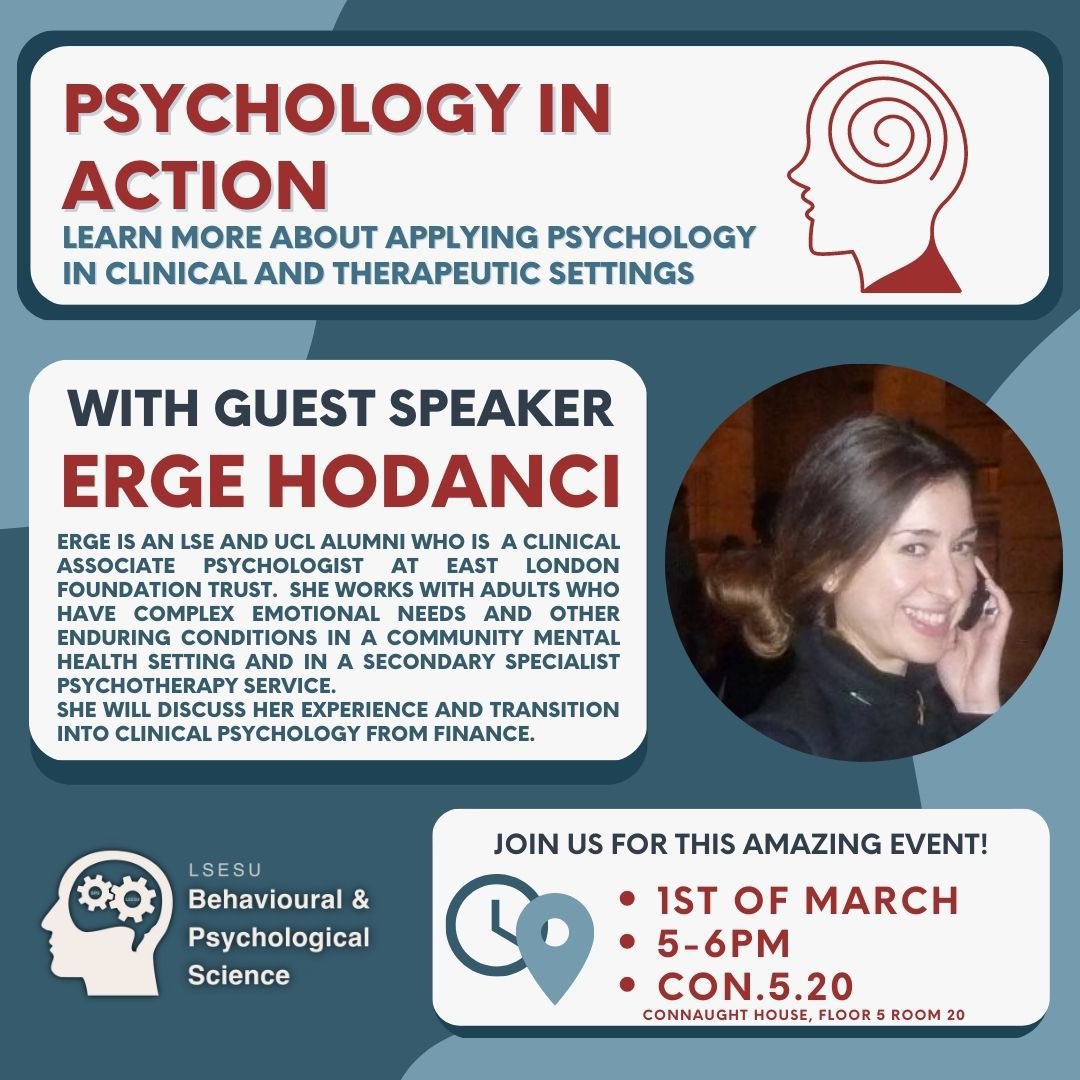 lsesu_bps's tweet photo. Announcing our next speaker event! On this coming Wednesday 1st March, 5-6PM in CON.5.20 (PBS common room), LSE alum Erge Hodanci will give a talk about her experience as an assistant clinical psychologist. Here’s the signup link: https://t.co/DFatd5IcwR

See you all there! https://t.co/0kR71wYPmJ