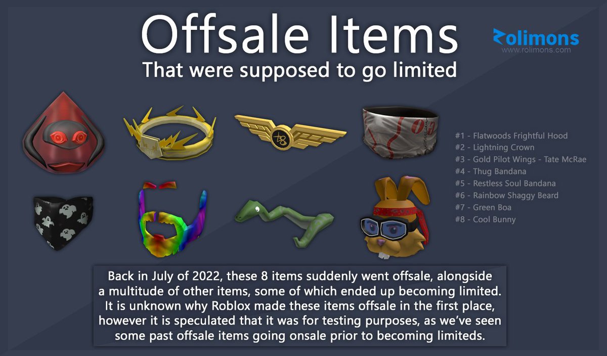 Roblox Trading News  Rolimon's on X: We've seen 430+ Roblox items go  limited over the past year; eight items that were meant to go limited after  being made off-sale, never did.