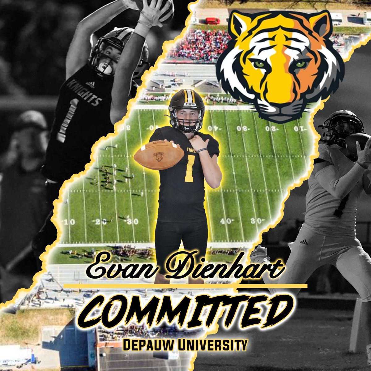 EvanDienhart1's tweet photo. I am extremely blessed and excited to announce that I will be continuing my academic and athletic careers at DePauw University! 

Huge thank you to @qbdietz, @MasonEspinosa1, and the entire DePauw coaching staff for believing in me!

Go Tigers!🐯

@LCCknightFb @LCC_Athletics https://t.co/mbgfMNbdGS