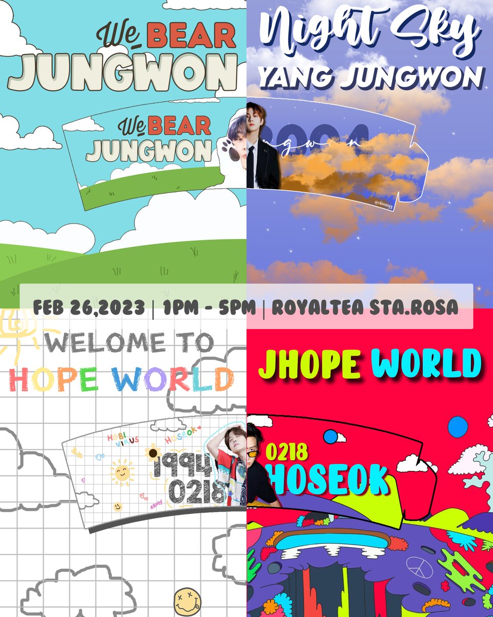 DBKcsEvents's tweet photo. Our Feb-Babies Jhope-Jungwon Birthday Cupsleeve Event

WHEN: February 26, 2023
LOCATION: RoyalTea Brgy. Kanluran Sta. Rosa City, Laguna
TIME: 1:00 PM - 5:00 PM

Come and Celebrate with us!

Chance to win Official / Fanmade Merch!

Form :
https://t.co/7sQWZwWXZQ https://t.co/gTf93Uc4HM