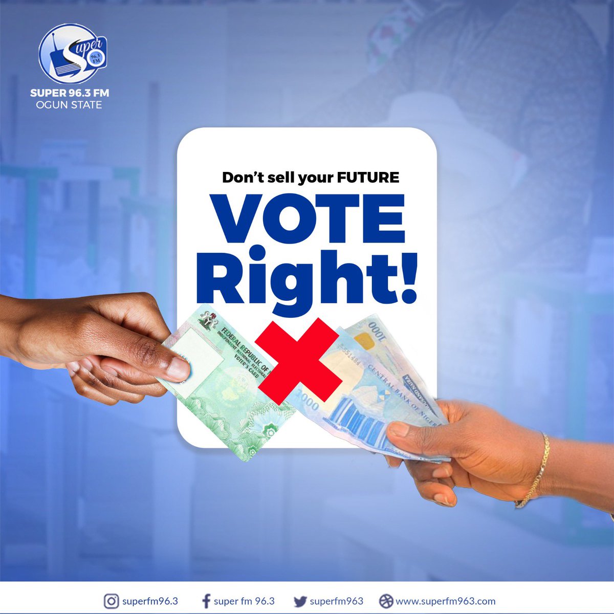 As we go out to perform our civic responsibility today, let's ensure to abide by the Laws of our dear country. Do not use anyone or let anyone use you to disrupt the peace of our nation. Vote Right! #SuperFM963 #nigeriadecides2023 #votewisely #ijeburewa #vote #pdp #apc #lp #inec