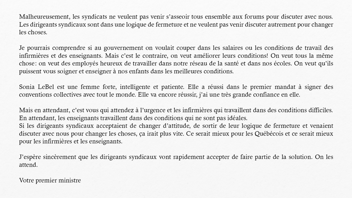 francoislegault's tweet photo. J’espère sincèrement que les dirigeants syndicaux vont rapidement accepter de faire partie de la solution. On les attend. https://t.co/CD7rR0HxLF