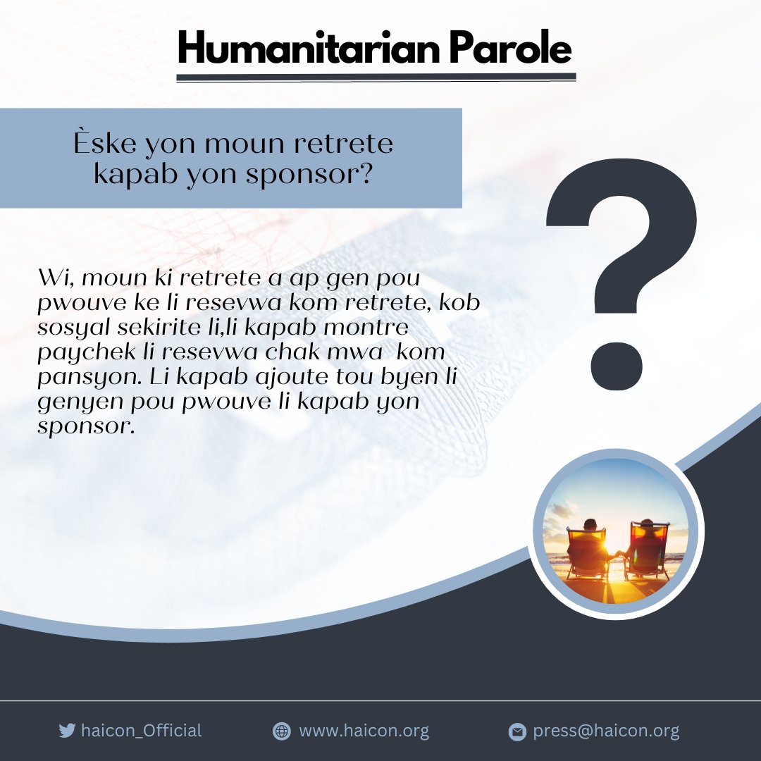 haicon_Official's tweet photo. #haicon: Ăske yon moun retrete kapab yon sponsor?
Wi, moun ki retrete a ap gen pou pwouve ke li resevwa kom retrete, kob sosyal sekirite li, li kapab montre paychek li resevwa chak mwa kom pansyon. Li kapab ajoute tou byen li genyen pou pwouve li kapab yon sponsor.
#haitian https://t.co/3Cmf5WTLCT