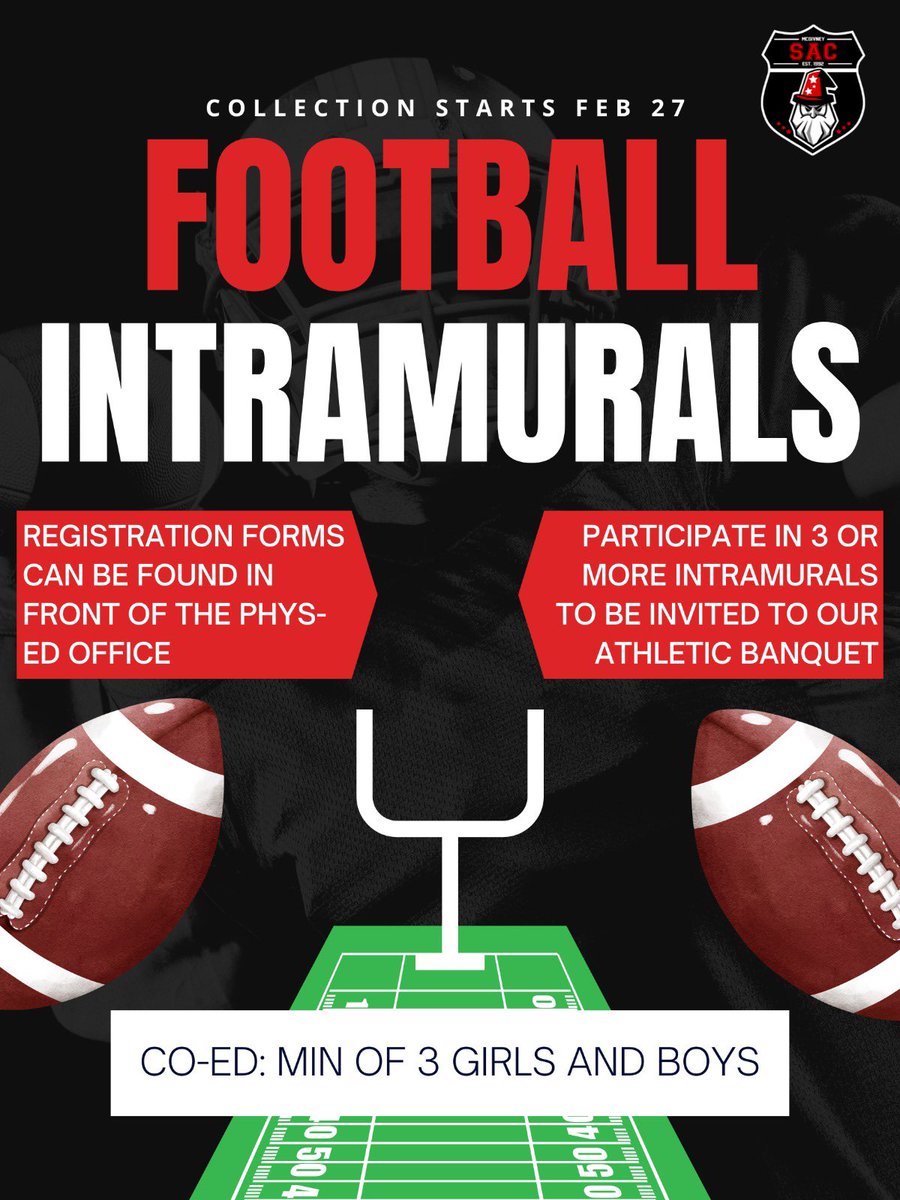 FMM Athletic Council (@fmmsac) on Twitter photo ATTENTION MCGIVNEY, OUR NEXT INTRAMURALS IS HERE‼️Gather a team of 8 and sign up during A and C lunches next week 🤩 There are ONLY 16 spots available so be quick, see you soon 🪄🏈 <a href="/FMMtweets/">FMM-IB World School</a> ATTENTION MCGIVNEY, OUR NEXT INTRAMURALS IS HERE‼️Gather a team of 8 and sign up during A and C lunches next week 🤩 There are ONLY 16 spots available so be quick, see you soon 🪄🏈 <a href="/FMMtweets/">FMM-IB World School</a>
