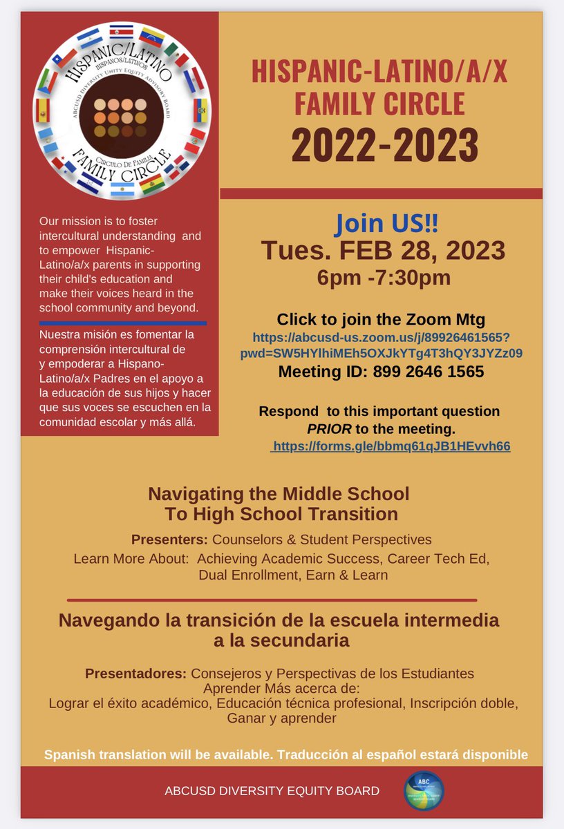 NixonAcademy's tweet photo. Please join the Hispanic-Latino Family Circle event next Tuesday, Feb. 28, 2023, from 6-7:30pm via zoom to learn how to help successfully transition your 6th grade child from one school to the next! https://t.co/QOFShW7nDb