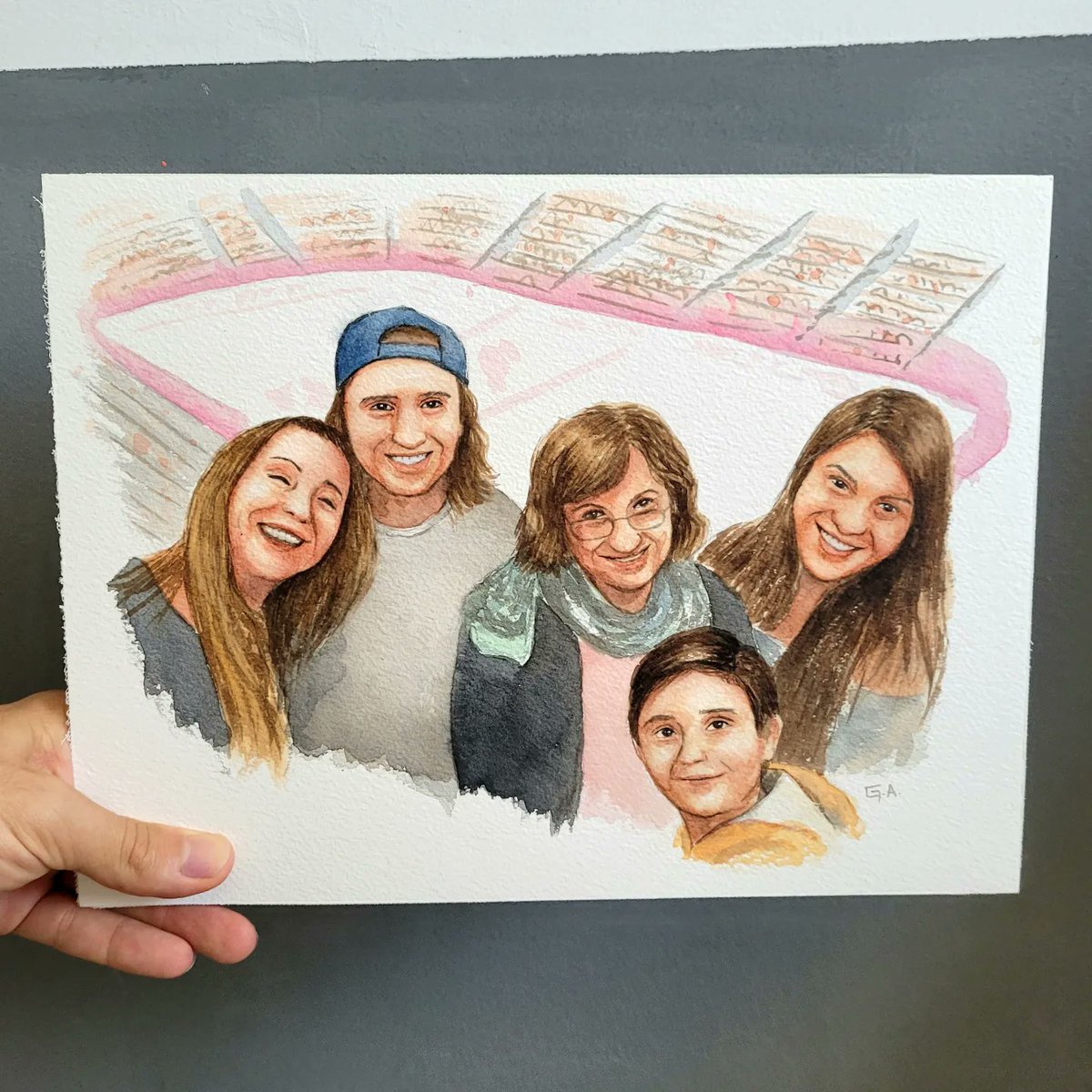 gamaralart's tweet photo. Finishing Friday with this commission! A happy family in a hockey game!

#familycommission #giftcustomized #watercolorpainting #watercolorportrait #paintingfromphoto https://t.co/mVsFXY47VA