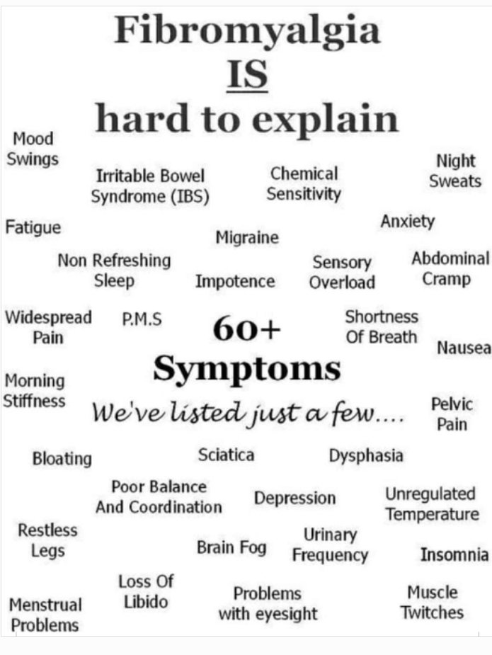 LadyCBean1966's tweet photo. I've been asked what it's like to have Fibro. I've always said it's difficult because it affects me on so many different levels. Yesterday I found this to give you a basic idea. I know a few of my tweep family; also have Fibro.  
In what I call a flare-up, I am so exhausted. https://t.co/PSJ520BpGC