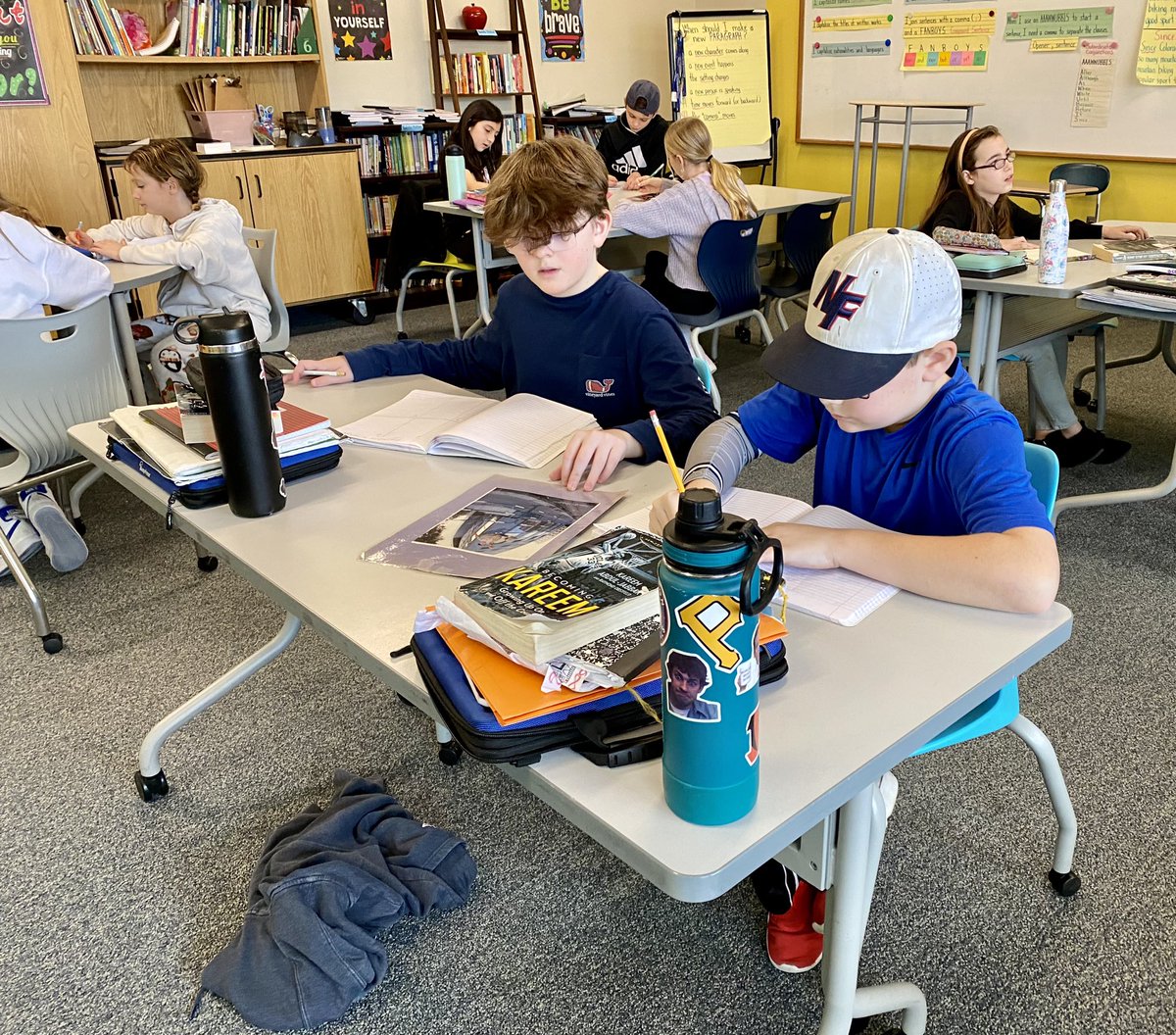 NFMSGrade6's tweet photo. ELA students participated in a figurative language carousel. Students rotated from picture to picture as they crafted sentences using a variety of figurative language. https://t.co/eafrtLXsC8