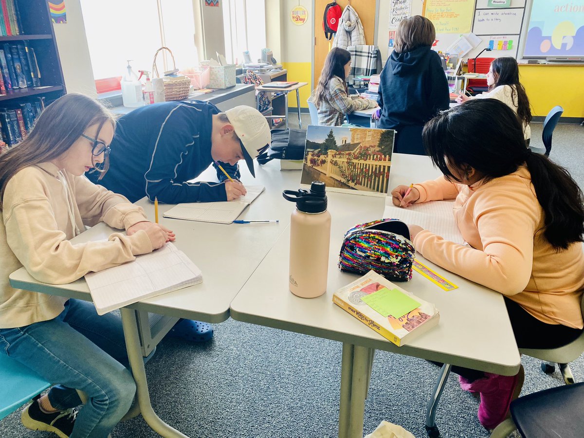 NFMSGrade6's tweet photo. ELA students participated in a figurative language carousel. Students rotated from picture to picture as they crafted sentences using a variety of figurative language. https://t.co/eafrtLXsC8