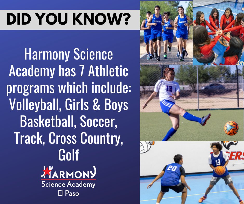 Did you know... Harmony Science Academy has 7 Athletic programs which include: Volleyball, Girls &amp; Boys Basketball,Soccer, Track, Cross Country, Golf.