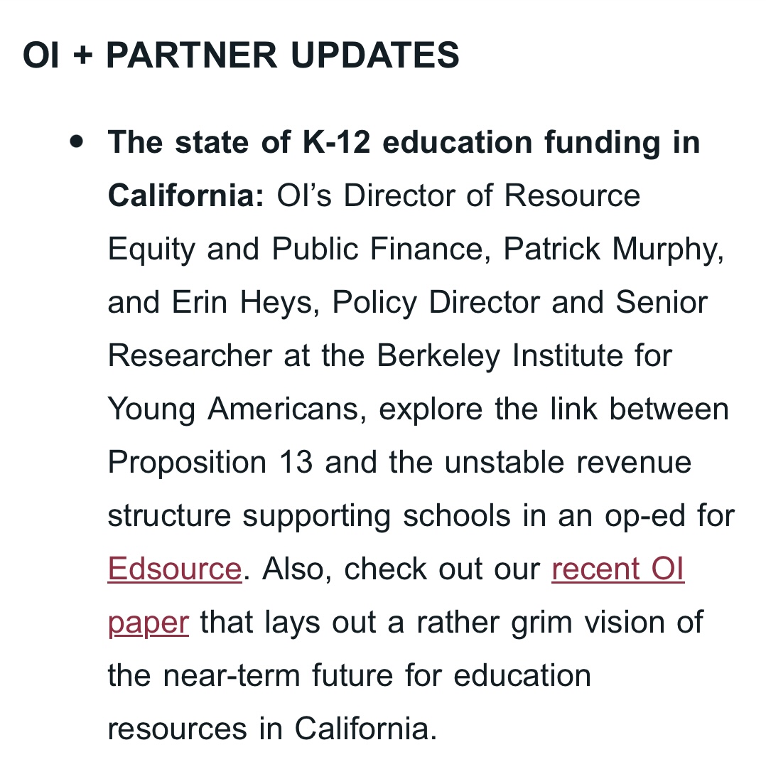 opportunityorg's tweet photo. The state of #K12 #education funding in California: OI’s  Patrick Murphy &amp; @ejheys @BIFYA_Berkeley explore the link btw #Prop13 &amp; the unstable revenue structure supporting schools for @EdSource. Check it out &amp; more in our newletter https://t.co/JXtvntbm3q #caedu https://t.co/o1riTsUPrP