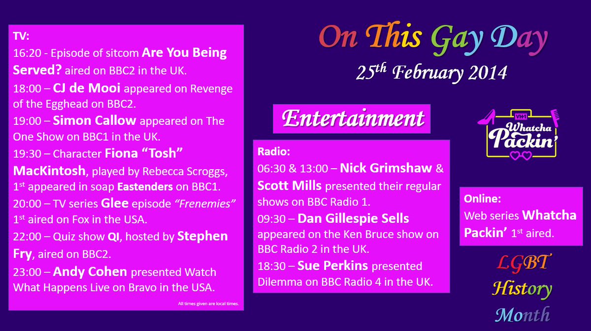 #LGBTHistoryMonth 
#OnThisGayDay - 25th February 2014
#QuentinElias #StatenIsland #NewYorkCity #Uganda #WhatchaPackin #NickGrimshaw #ScottMills #DanGillespieSells #SuePerkins #AreYouBeingServed #CJdeMooi #SimonCallow #Eastenders #Glee #LGBTHistory #QueerHistory #LGBT #LGBTQIA+