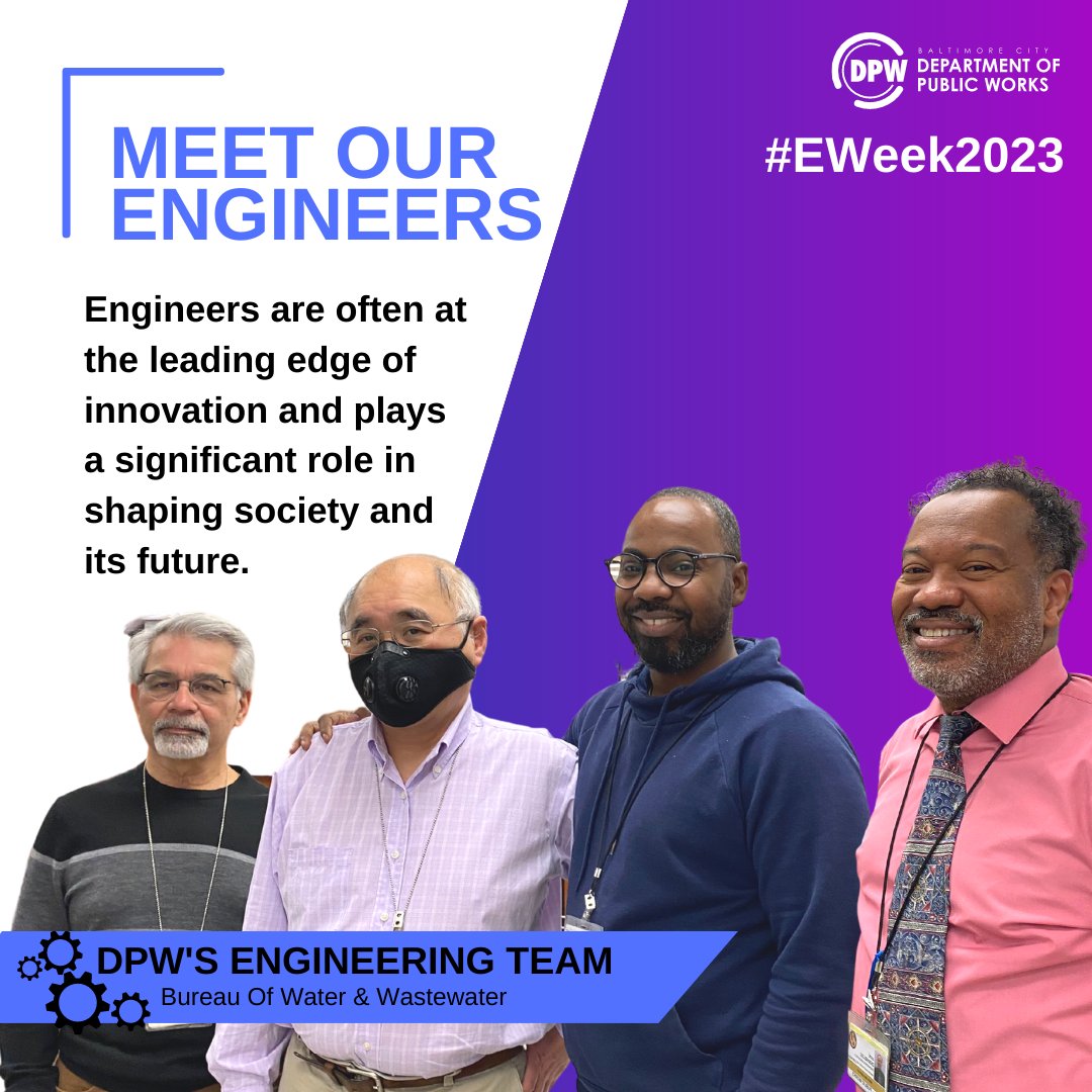 BaltimoreDPW's tweet photo. As we close out Engineers Week we would like to thank our Engineers in Water & Wastewater and in Solid Waste! These are just a few of the people who help DPW & the City of Baltimore Create the Future! Happy Engineers Week! #EWeek2023 #CreatingtheFuture #DiscoverE #Engineering https://t.co/PuPZBgY923