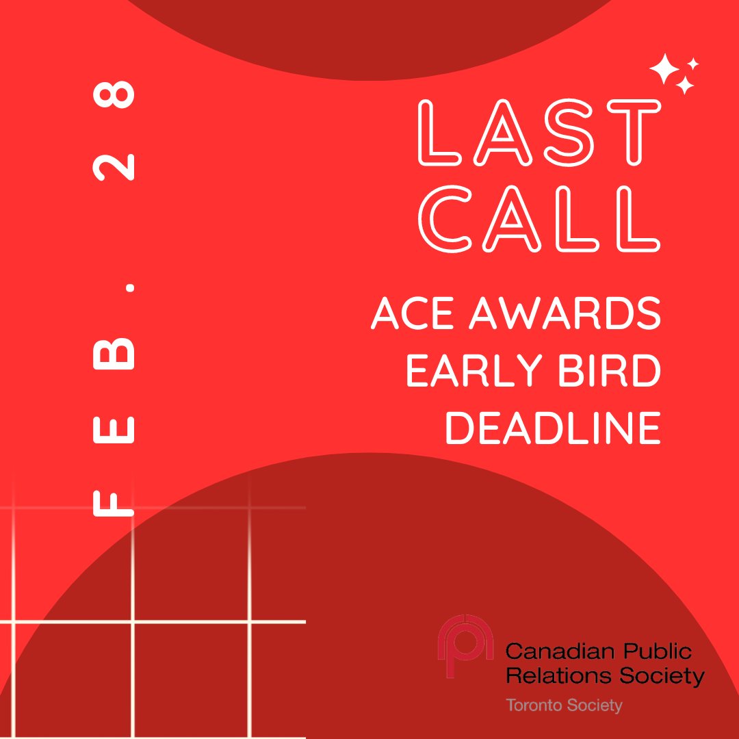 Have you submitted yet? Early bird submissions for the CPRS Toronto ACE awards are due this coming Tuesday, February 28th at 11:59 PM EST. 

#CPRS #CPRSToronto #TorontoPR #AwardSeason