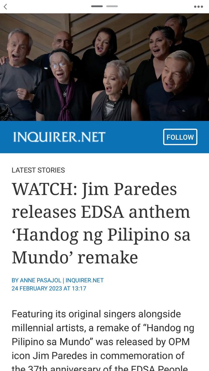 Sure, 'Handog' was a big hit in 1986, a rip-off from the style of "USA For Africa" in 1985. No amount of remake, however, will change the FACT that the #EDSA spirit is DEAD. Through a clean nat'l election 36 years later, a Marcos has won the presidency with unprecedented mandate.