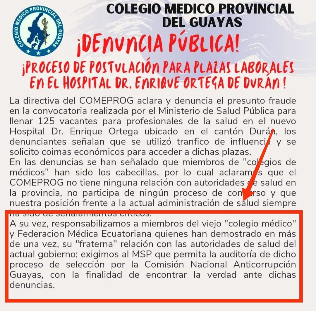 MedicoGuayas's tweet photo. @HGMonteSinai @Salud_Ec @eluniversocom @EcuavisaInforma @Expresoec @LassoGuillermo @ABorreroVega @Salud_CZ8 @FiscaliaEcuador @CMGuayas Precisamente es lo que denunciamos el 16/10/2022 en relación al concurso en el Hosp de Durán. Que ironías de la vida, ponen a los ratones a cuidar el queso! Queremos veeduría con personas serias! Exigimos que la Comisión Nacional ANTICORRUPCIÓN intervenga. @LassoGuillermo https://t.co/2v6vPSWsR9