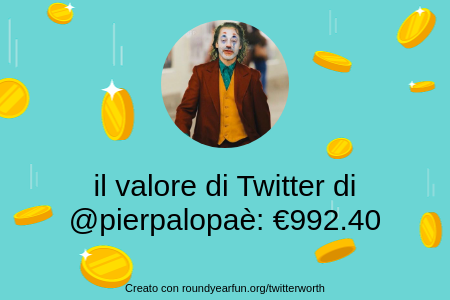 Il valore del mio Twitter è di: €992.40

Trova il tuo con funroundy.click/twitterworth?l…

⠀