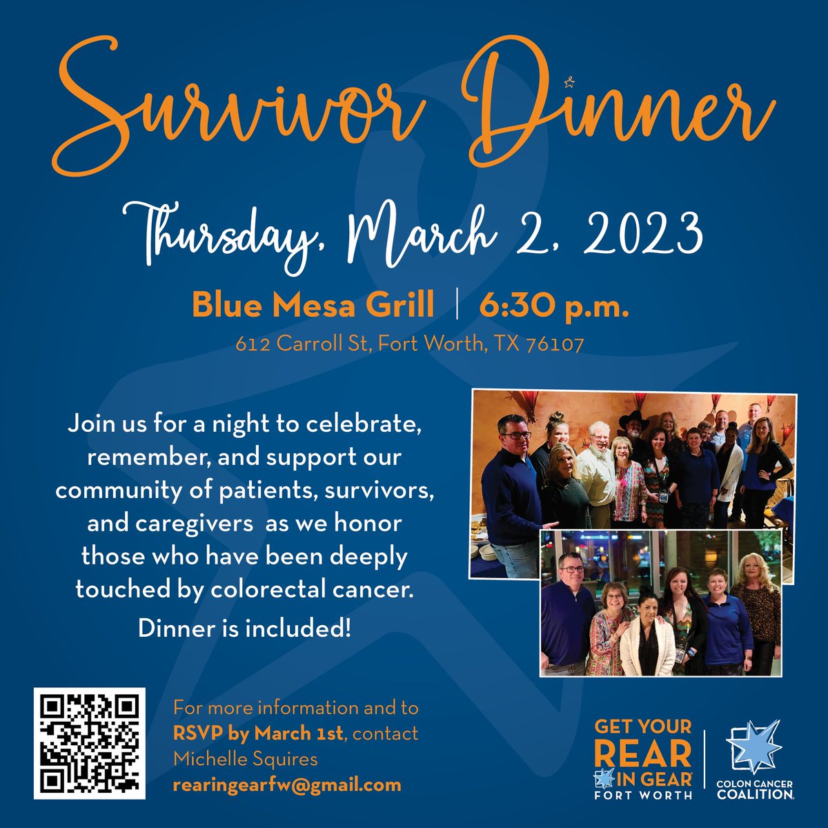 Reminder about the upcoming dinner for patients and survivors. This is a night to connect with others in our community affected by the disease. Open to everyone, so please share and let me know if you have any questions. #coloncancer #awareness #survivor #fortworth #community