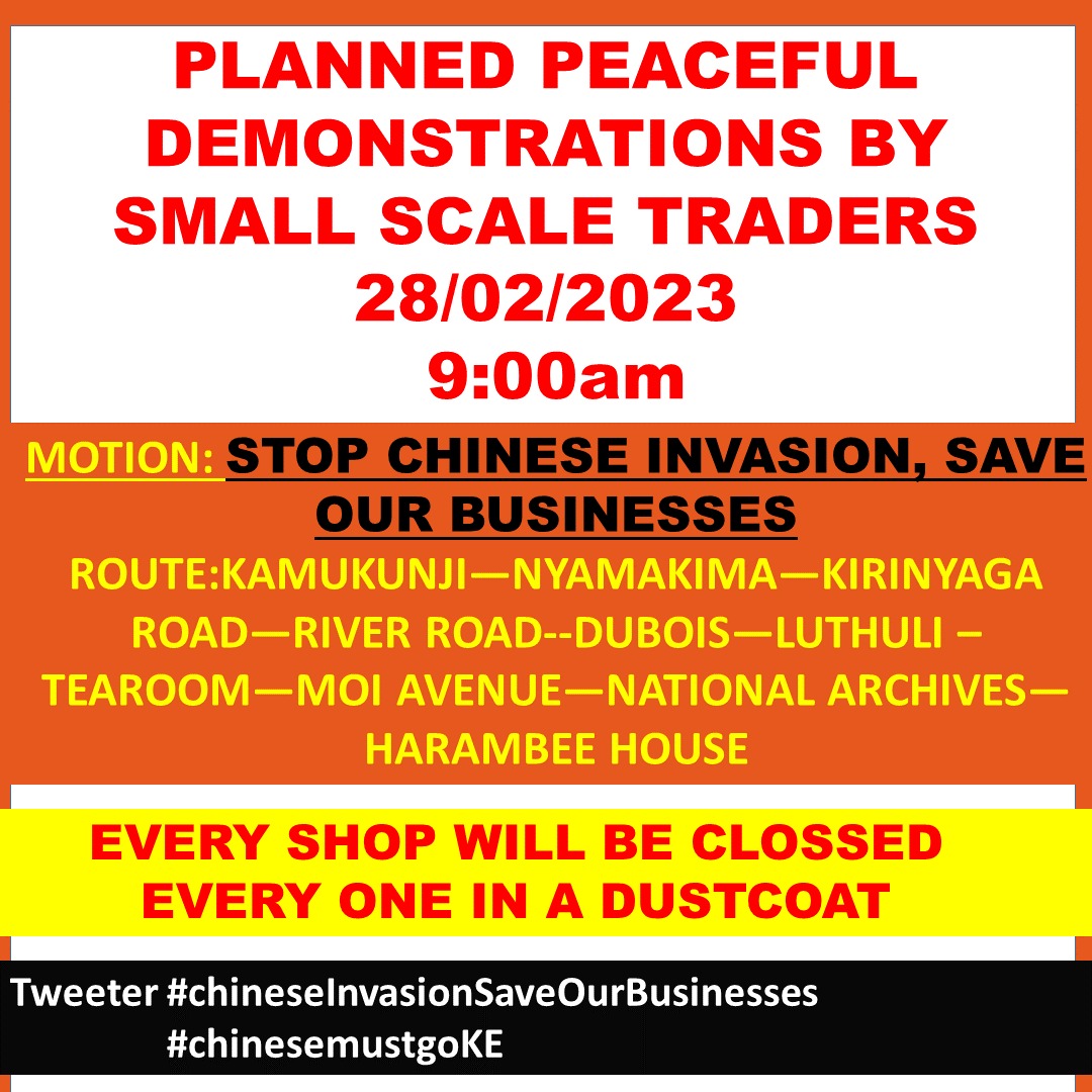 SMEtradersKe's tweet photo. @KBCChannel1 #stopchineseinvasionsaveourbusinesses
@KBCChannel1 @ntvkenya @KTNNewsKE 
Let's come together and peacefully put across our grievances as Kenyan traders...Save the date.. https://t.co/arw1yR98K8
