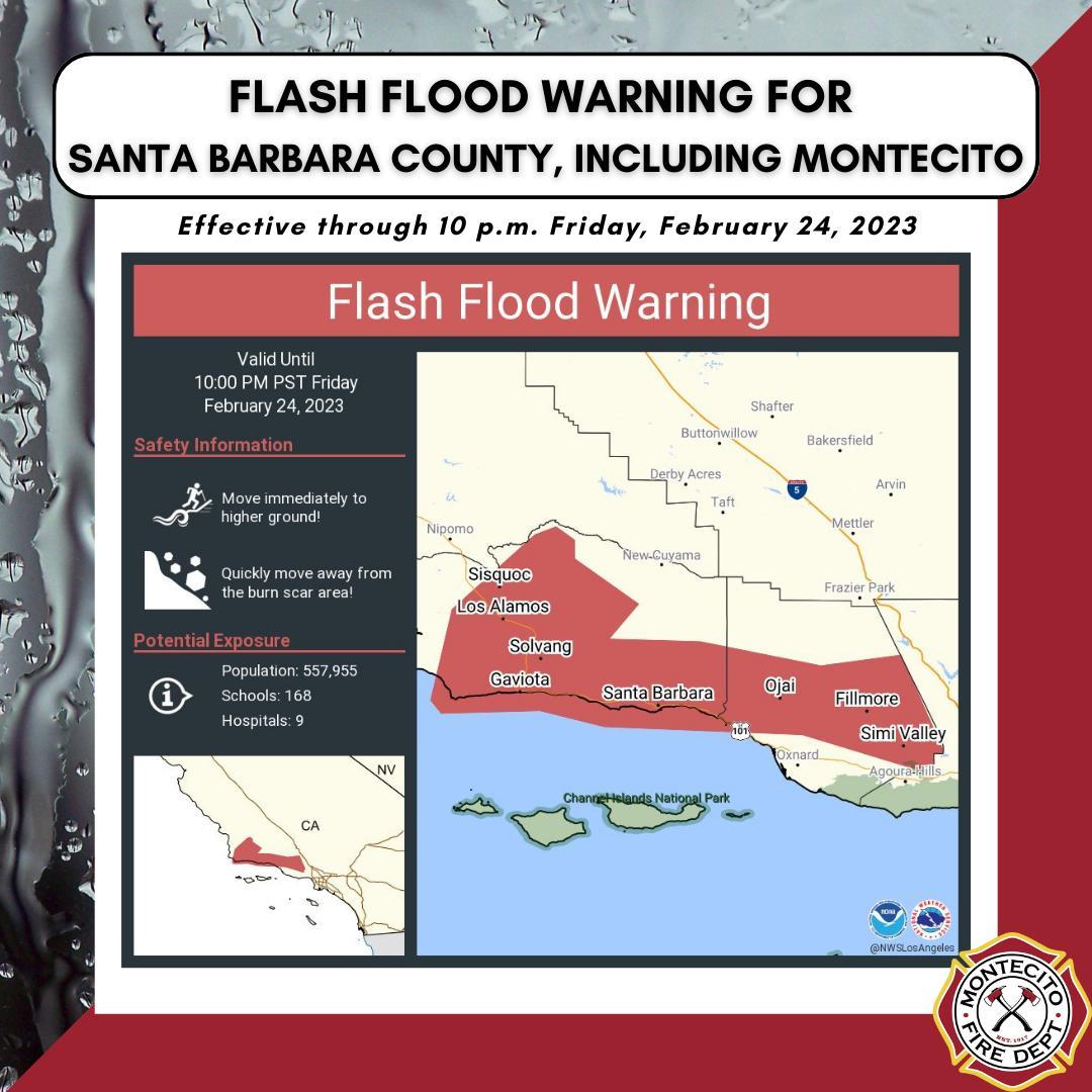 montecitofire's tweet photo. ⚠️ @NWSLosAngeles has issued a Flash Flood Warning for areas of SB County, including Montecito, through 10 p.m. Friday. Please avoid traveling. If you must drive, use extreme caution and avoid flooded roadways. Be aware of loose or falling rocks, mud and minor debris flows. https://t.co/xhVTj6zPRP