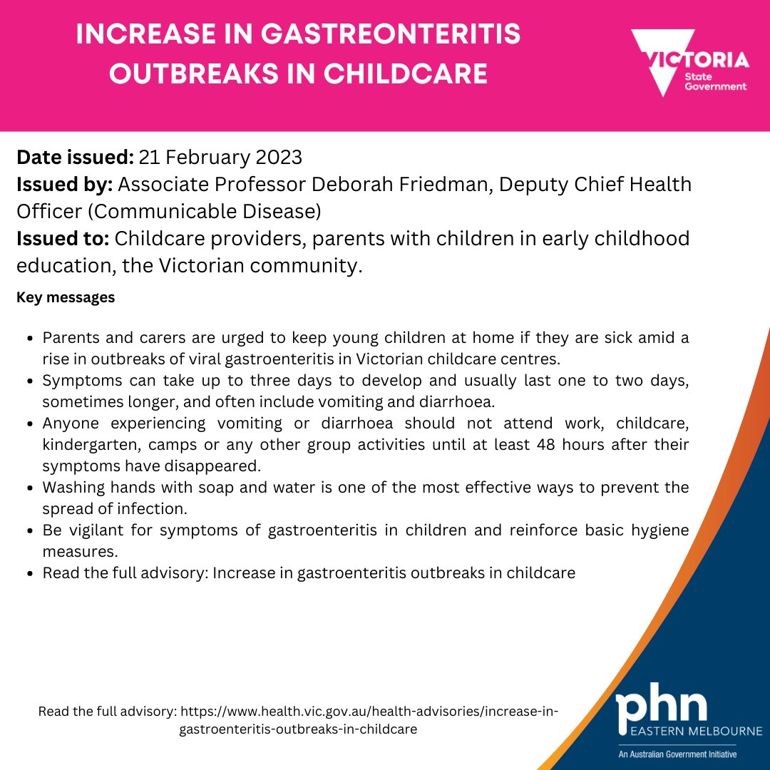 Health alert on gastreontertis outbreaks in childcare. Update available at: bit.ly/3IkDRaQ