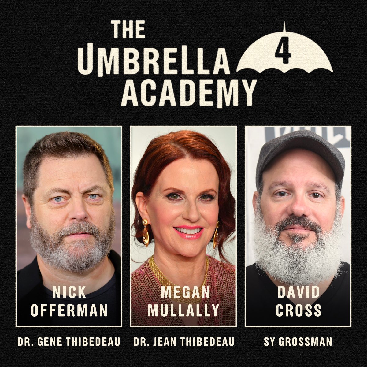NetflixBrasil's tweet photo. Cabem mais 3 embaixo do guarda-chuva? 👀☂️

Nick Offerman, Megan Mullally e David Cross vão estar na 4ª e última temporada de The Umbrella Academy. https://t.co/F6k3HUzRQk