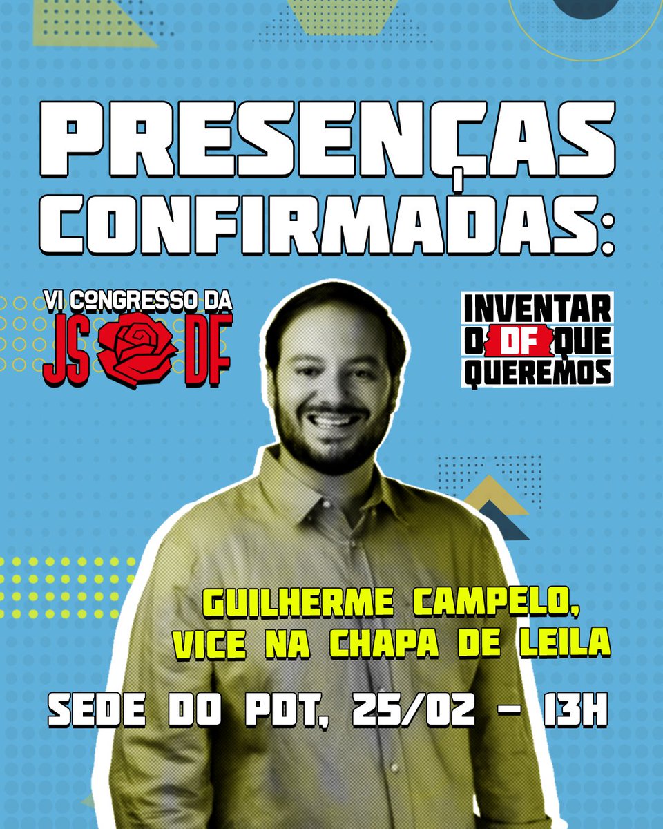jspdt_df's tweet photo. Mais uma presença confirmada!

Trata-se do advogado @campelo, que concorreu a vice-Governador na chapa da nossa Senadora @leiladovolei!

É amanhã! 🌹

#CODJUS #VICODJUS #DF #Trabalhismo #Juventude #GuilhermeCampelo #DistritoFederal #JSDF #JSPDT https://t.co/n0jk7On2pY