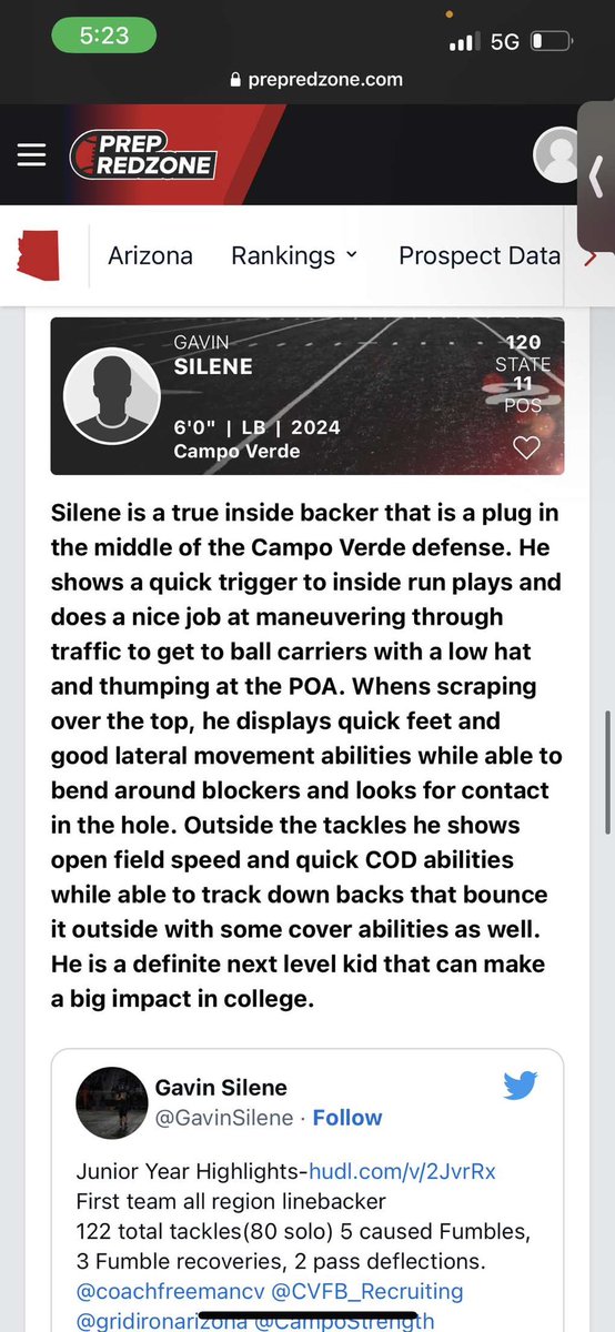 GavinSilene's tweet photo. Extremely thankful to be ranked the 11th best linebacker in Arizona !!      @coachfreemancv @JUSTCHILLY https://t.co/dqfsu5Muh8