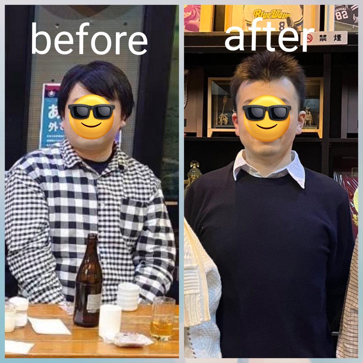 seichan1004's tweet photo. 34歳中年男性がダイエット始めて8ヶ月、今朝測った体重でついに-30kgを達成しました！！！！(写真のafterは-24kgくらいのとき)
108.10kg→77.95kg
身長が(ほぼ)180cmだから目標までは後7～8kg程落とさなきゃいけないけどとりあえず一段落
俺の人生で最も頑張った数ヶ月だった、自分を褒めたい https://t.co/Jk7YvVuOAL
