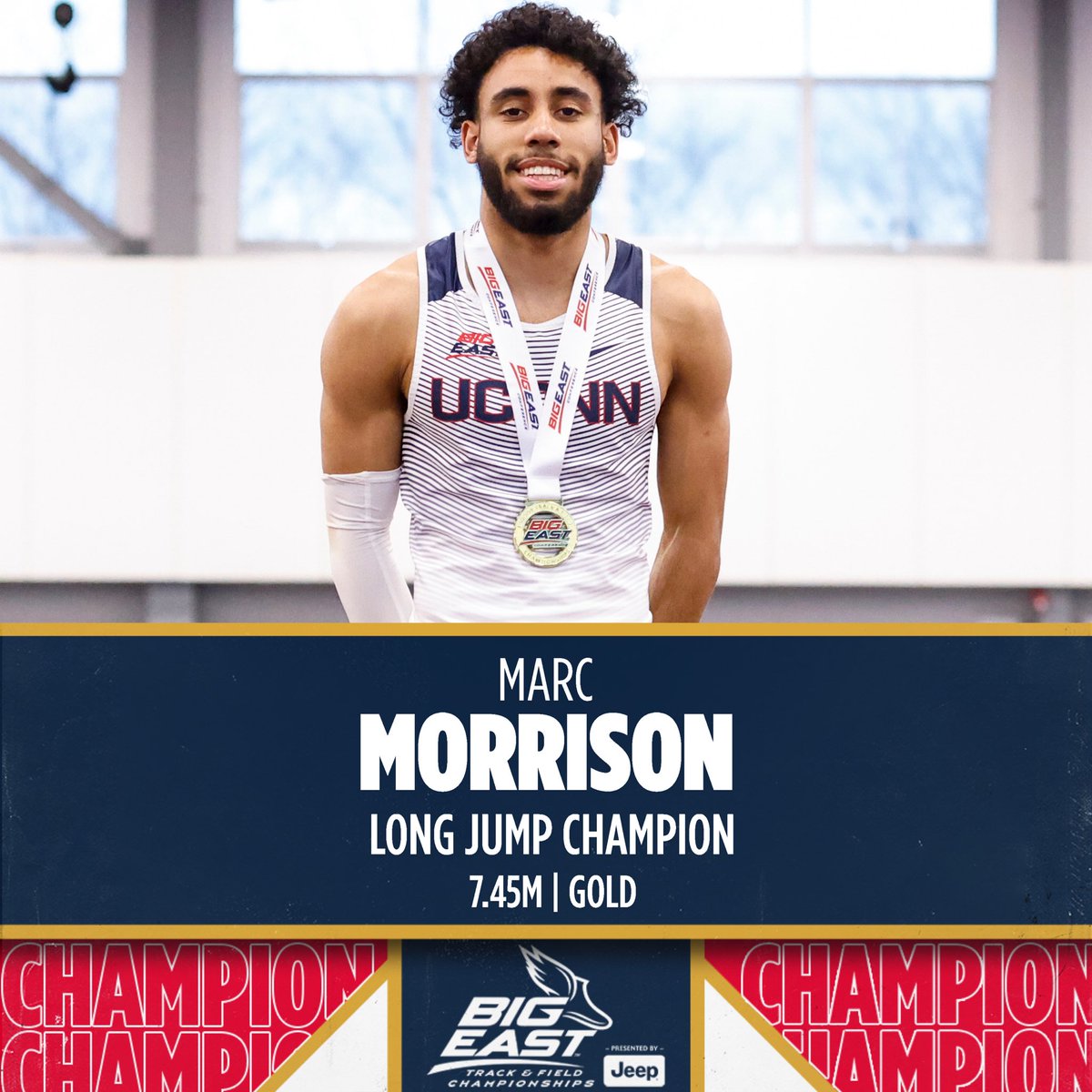 UConnTFXC's tweet photo. INDOOR BIG EAST CHAMPION🏆

Congrats to Marc Morrison for winning gold and finishing with a jump of 7.45m🔥 https://t.co/XBfs7jBoUL