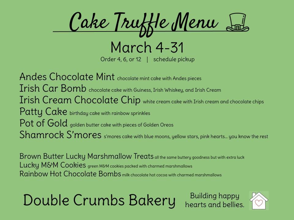 Double_Crumbs's tweet photo. Just a wee bit excited for St. Patty’s Day! 6 amazing flavors are available all month long. Plus hot cocoa bombs, cookies, and the very popular brown butter marshmallow treat. So many options! Send a msg to inquire or place an order, and may every day be… https://t.co/gu8Z0dZAJc https://t.co/A37pES3tkF