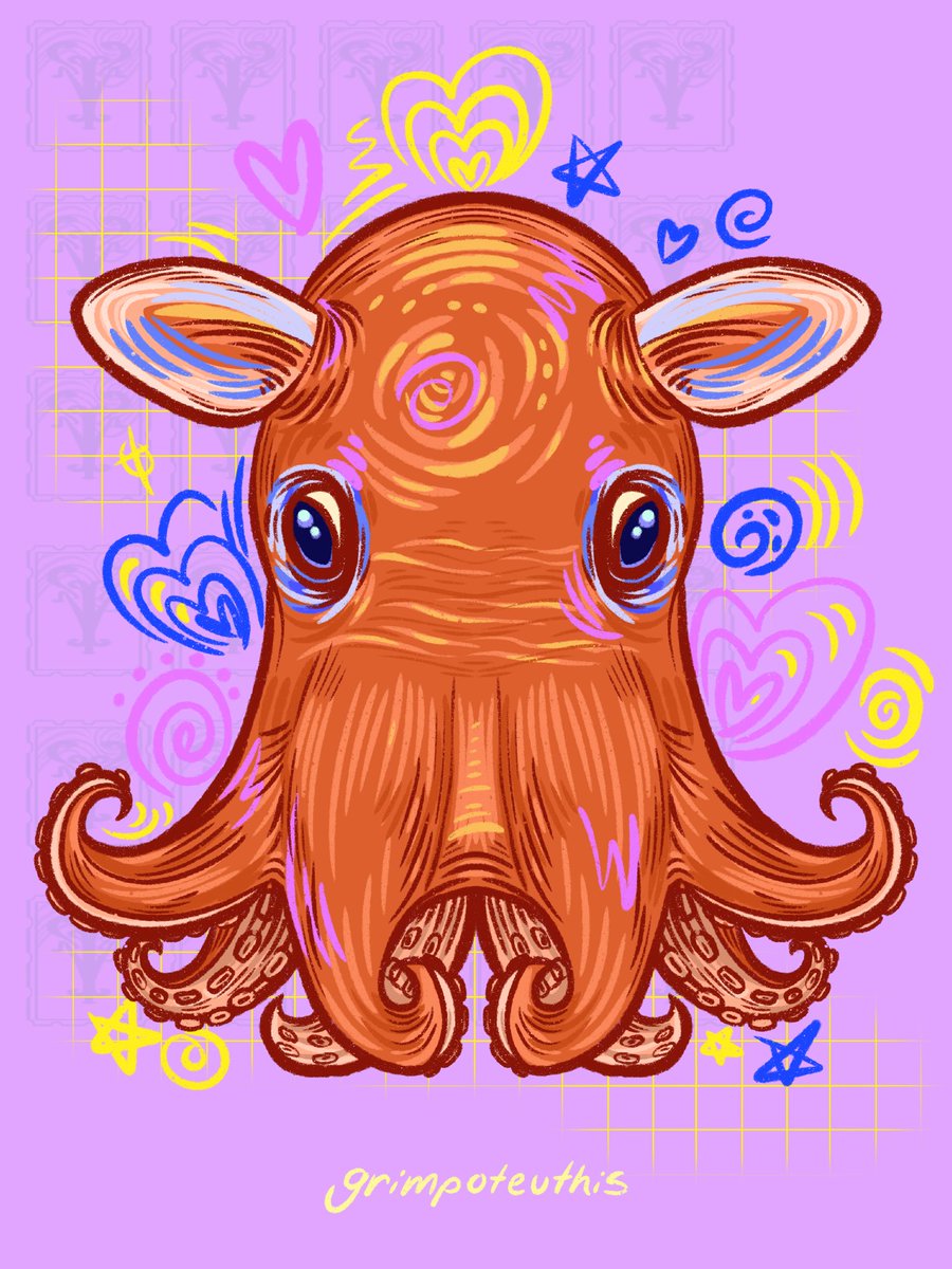 [grimpoteuthis]
Dumbo Octopus
Avg size: 7.9-12in(largest recorded was 5ft10in!)
Lives 13,100 ft below the surface(deepest living octopus of all octopuses) 
Avail for print: forms.gle/JhQj52X3F8DXmd… 
#marinebiology #cephalopods #octopus #digitalart #art #slayage