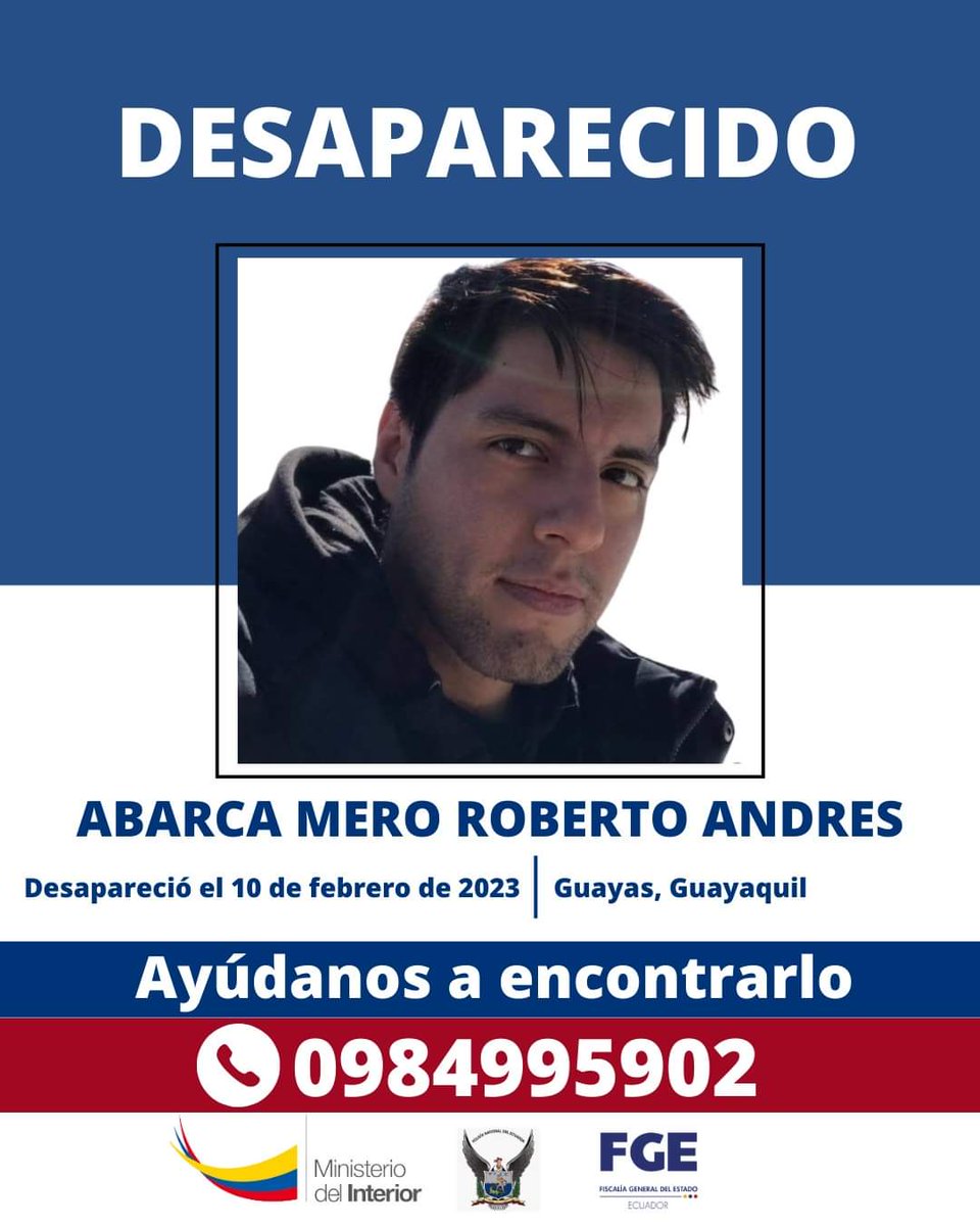 DejemosM's tweet image. #AyudaUrgente si Ud. ha visto al jóven #RobertoAbarca contáctese con su padre  el Sr. Ricardo Abarca al 📞0984995902 está desaparecido desde el 9 de febrero 🥺
Por favor 🔄 #RT