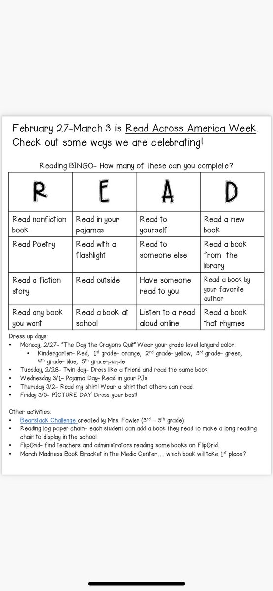 February 27- March 3 is READ ACROSS AMERICA week! On Monday, wear your grade level color- check the flyer below for more details!