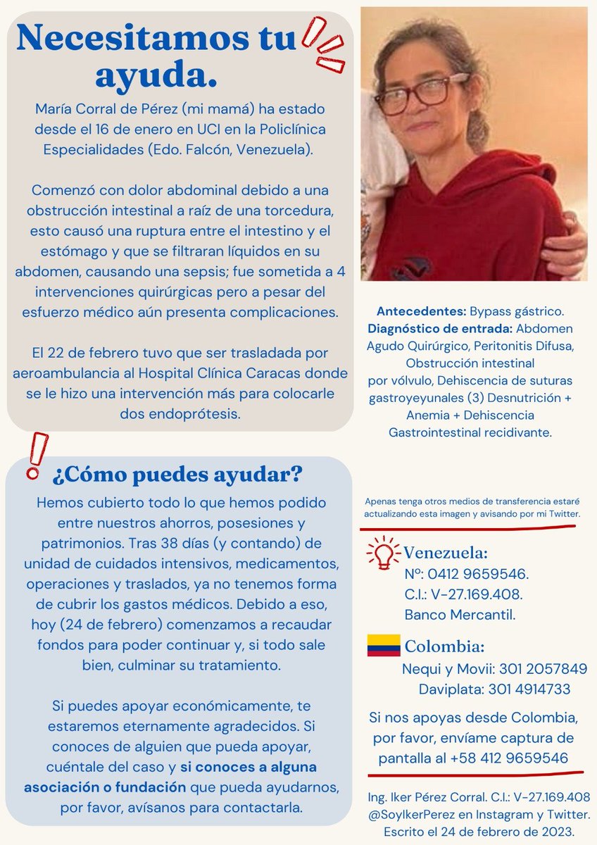 🏥🩺⚕️

Hoy comenzamos a recaudar fondos para mi mamá. Después de más de 30 días en UCI y 4 operaciones ya no tenemos más recursos para seguir cubriendo los gastos. Cualquier aporte que nos puedas dar nos ayudará muchísimo.

Compártelo, dale RT o publicalo. Necesitamos tu ayuda.