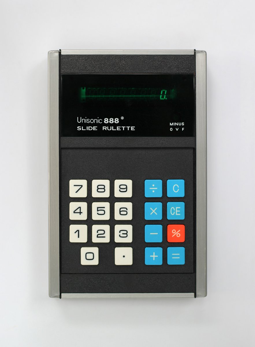 AisleOne's tweet photo. Designer Shawn Hazen's personal collection of vintage calculators. The Triumph-Adler Concorde 1 from 1986 is blowing my mind with those colors and the angled corners... my goodness. I need to find one.

https://t.co/Y9DCeMoaBn https://t.co/LWh8wxP6bL