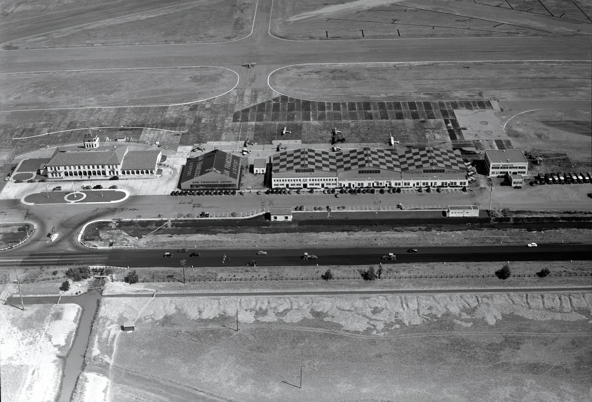 SFOMuseum's tweet photo. In the 1930s, as commercial aviation evolved into a more practical mode of transportation, San Francisco Airport launched a series of major improvements. By 1937, more than 790,000 sq ft of concrete runways, taxiways, and aircraft parking were in place. #MillsField #SFOHistory https://t.co/FDi0WgvI6K