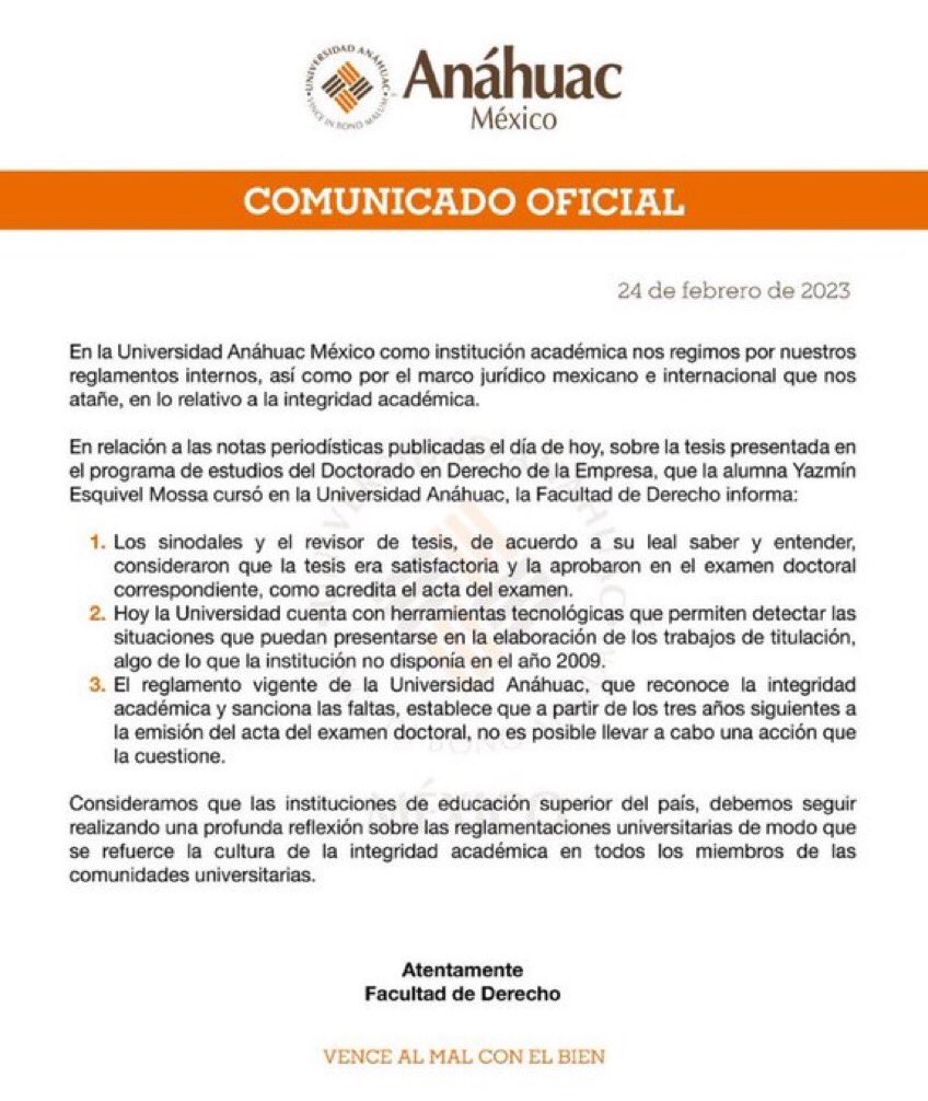 Lacrisisdehoy's tweet photo. En menos de 8 h. la Universidad Anahuac se quitó el problema de la corrupta #YasminEsquivel… 

Si la tal #YasminEsquivel engaño a 2 universidades sin pudor ni remordimiento, ustedes creen que va a renunciar a la #SCJN… Yo, NO. 

La #YasminEsquivelPlagiadora es muy cínica. https://t.co/KX0RWMgVsP