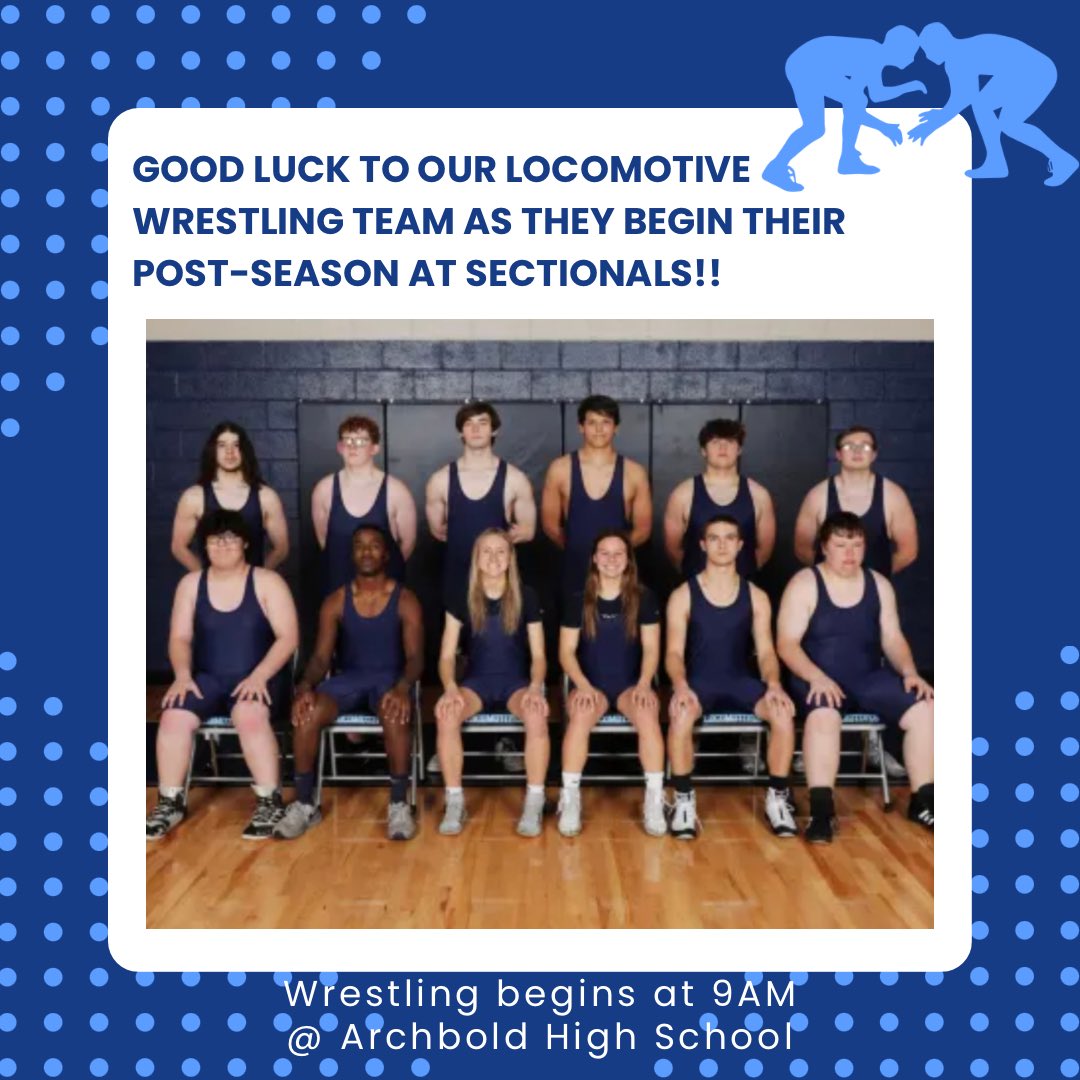Mont_AthBooster's tweet photo. GOOD LUCK to our Locomotive Wrestlers as they compete at Sectionals!
Wrestling begins Saturday at 9am at Archbold!
#LocoPride #montpelierstrong #communitysupport #LetsGoBlue https://t.co/79p0vjWGL7
