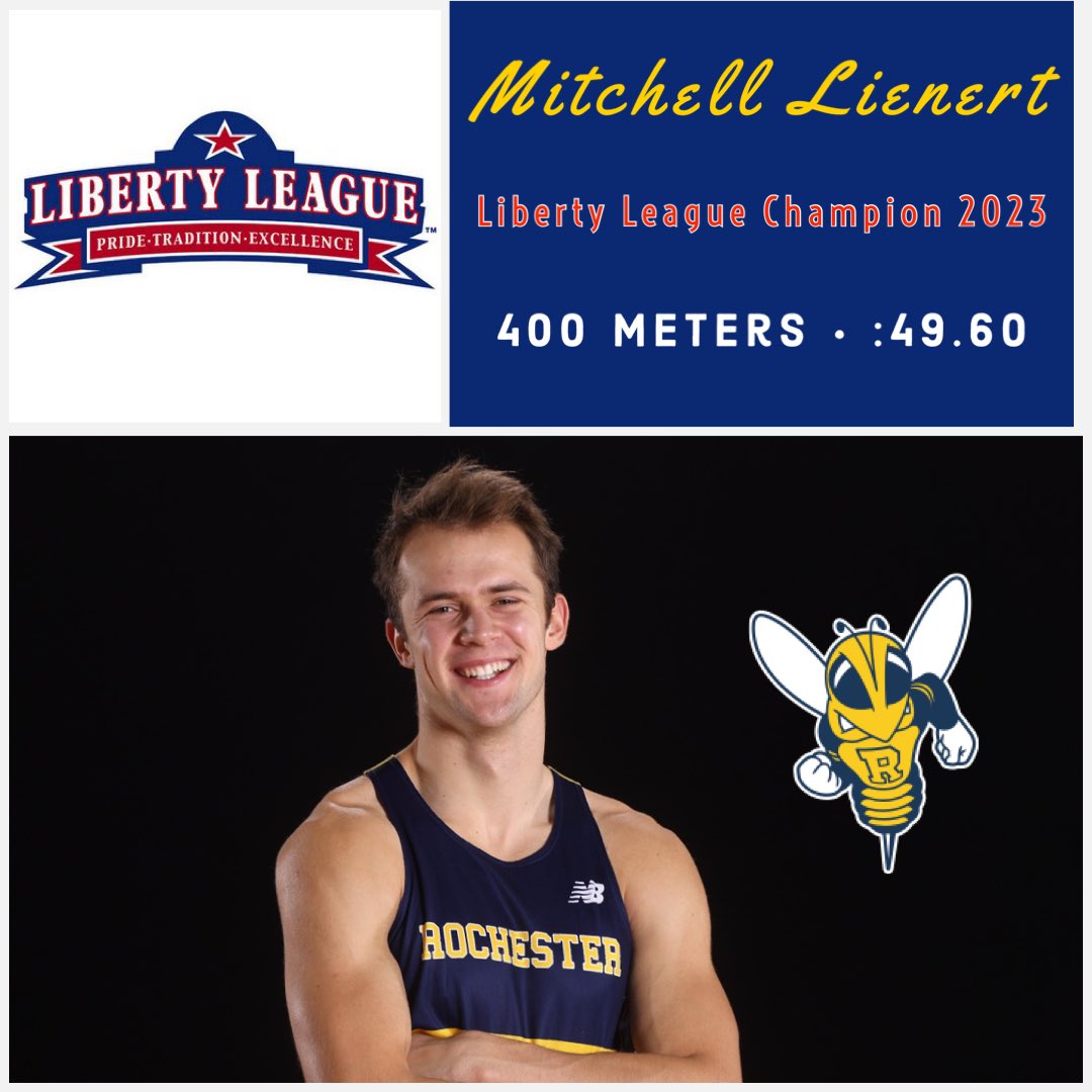 RochesterTFXC's tweet photo. LIBERTY LEAGUE CHAMPION & 400 SWEEP!
Junior Mitch Lienert wins the @LLAthletics title in the Men’s 400m & completes the Yellowjacket sweep of the M&W 400. Mitch ran a new PR :49.60 & was joined on the podium by runner-up Gabe Lundy & Luke Lyons in 3rd. Amazing run men! #melior https://t.co/jNTvddbL3B