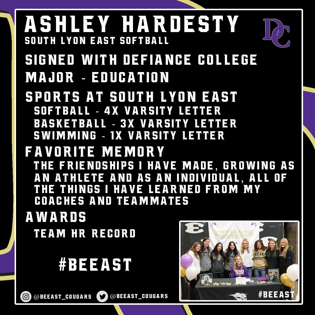 Our next college-bound athlete is Ashley Hardesty (<a href="/AshleyJoH14/">Ashley Jo Hardesty</a>). Ashley has signed with Defiance College to play softball (@DCSBJACKETS)! Ashley is a three sport athlete for the Cougs and we can't wait to see what she can do at Defiance! #BeEAST