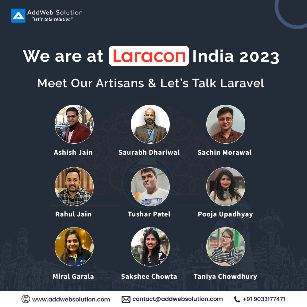 AddWebSolution's tweet image. We are all set to meet you at @LaraconIN
We are excited to connect with tech artisans &amp;amp; explore innovative solutions and game-changing business ideas at the biggest #Laravel event in India #letstalksolution #letstalklaravel #laracon #laraconin #laraconindia2023 #laravel #artisans