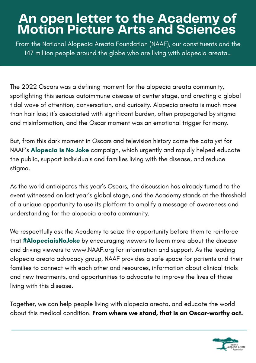 NAAF_org's tweet image. It's almost time for the 2023 Oscars. Read our open letter to @theacademy in support of the alopecia areata community. Help us amplify our message by sharing &amp;amp; tagging @theacademy #oscars2023 #academyawards #jadapinkettsmith #willsmith #chrisrock #AlopeciaIsNoJoke