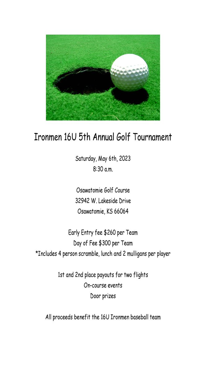 Don't miss out on a great day on the golf course and supporting the 16u Ironmen Baseball team. May 6th, 2023