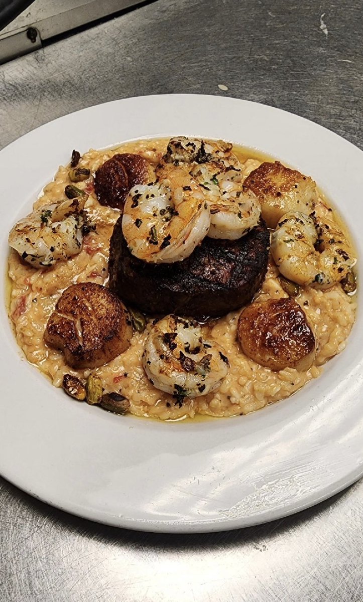 Scallop Risotto, add Prime Filet and Grilled Shrimp