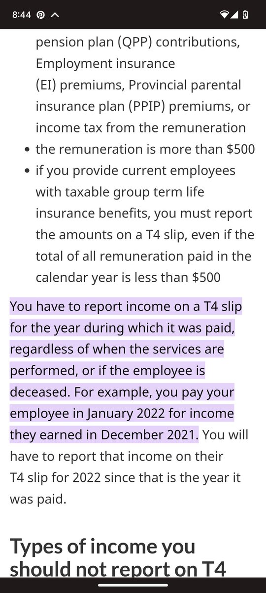 HarK131's tweet photo. @jmccall54 @KristenLoblaw I don't think it matters where the pay periods fall. Your T4 income for 2022 is the amount paid in 2022, not earned. So your last pay slip in 2022 will be accurate. If you are paid in January 2023 for work in December it is counted as 2023 income on T4. Pic from CRA site. https://t.co/yuGs0oIr9i