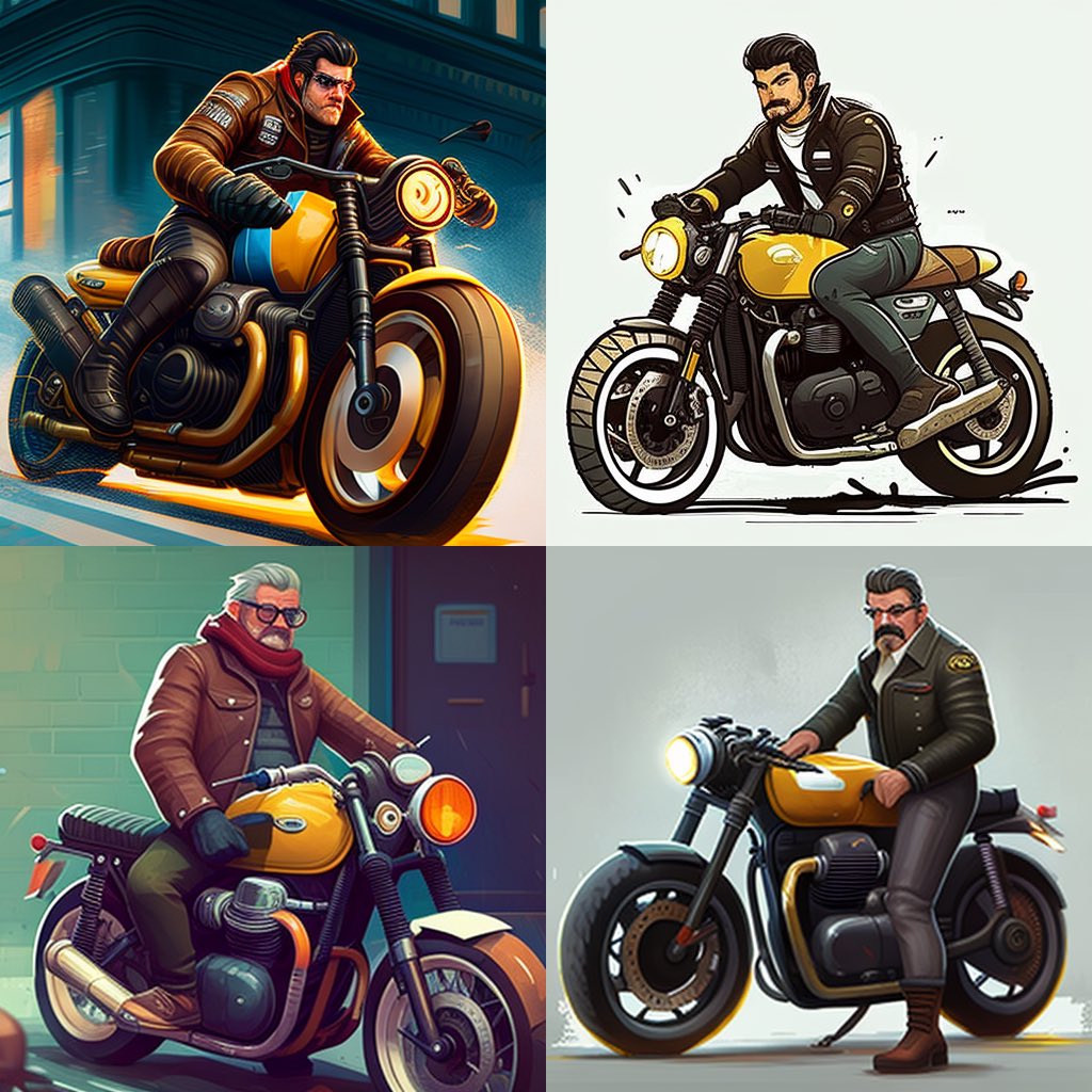 imwithRyan's tweet image. Made using MidJourney **a videogame character that is a 40 year old dad riding a triumph street twin goldline edition** - #AIart #characterdesign #videogamedesign