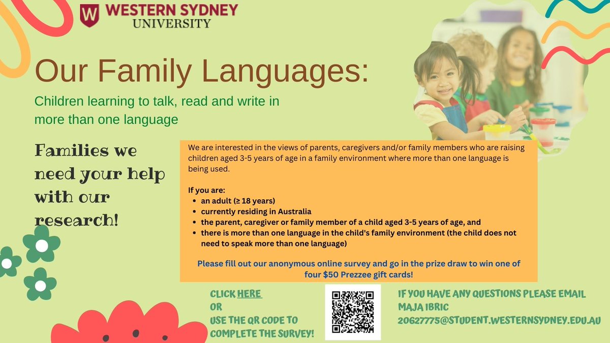 Bilingual parents across Australia--do you have a child between 3 and 5 years?  If yes, we'd value your input on our survey research. 

SURVEY LINK: tinyurl.com/mpkenath

<a href="/LanguagesNSW/">Languages NSW</a> 
<a href="/EarlyChildAust/">Early Childhood Australia</a> 
<a href="/HealthSci_WSU/">Western Sydney University - Health Sciences</a> 
<a href="/MARCSInstitute/">The MARCS Institute</a> 
<a href="/playgroupaus/">Playgroup Australia</a>