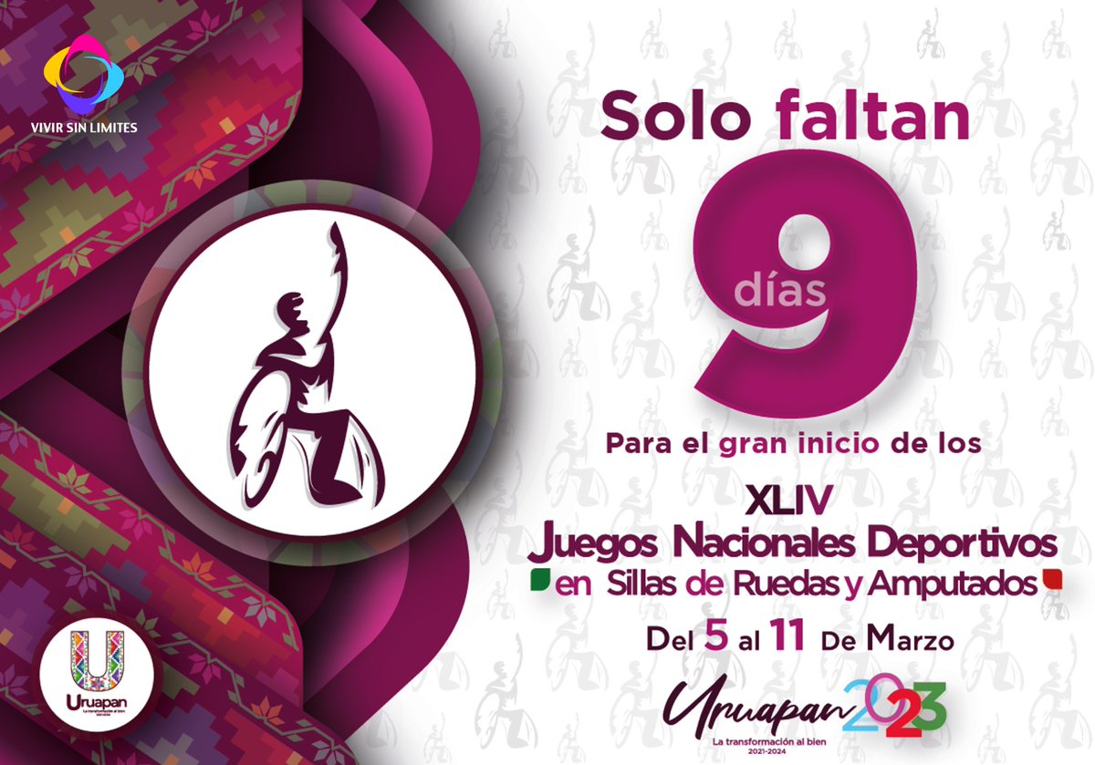 COPAME's tweet photo. Estamos a 9 días de los XLIV Juegos Nacionales Deportivos en Sillas de Ruedas y Amputados Uruapan 2023. 

Nos vemos del 5 al 11 de marzo para esta gran justa deportiva. 

#InspirandoyTransformandoMéxico 🇲🇽
#PasiónyOrgulloParalímpico 🥇 https://t.co/CE923FQhU3