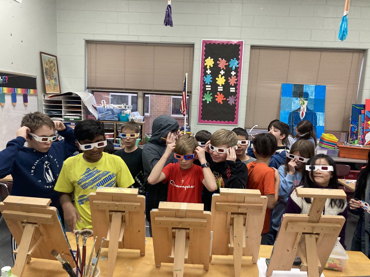 3d Optical illusions paintings with 5th grade this week! So much fun doing our class critique in 3D